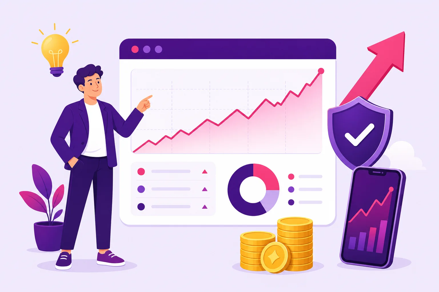 Illustration of growth charts, savings and insurance