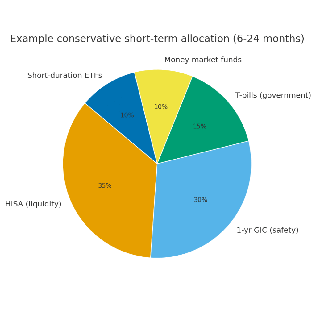 Pie chart illustrating a conservative short-term investment mix including high interest savings accounts, GICs, treasury bills, money market funds, and short duration ETFs.